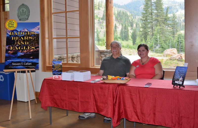 Author Steven T. Callan and Melanie Allen, president of the Lassen Association, at the Lassen Volcanic National Park book signing for Badges, Bears, and Eagles