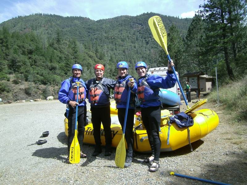Ron Erskine, Steven T. Callan, Jack Eidt, and John DeGrazio prepare to run the rapids on the MIddle Fork American River. Photo by Kathy Callan.