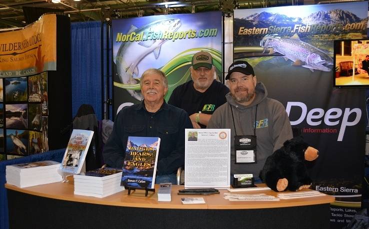 Author and columnist Steven T. Callan; columnist Gary Heffley; and Chad Woods, owner of Nor Cal Fish Reports and MyOutdoorBuddy, at the book signing for The Game Warden's Son at the International Sportsmen's Expo in Sacramento