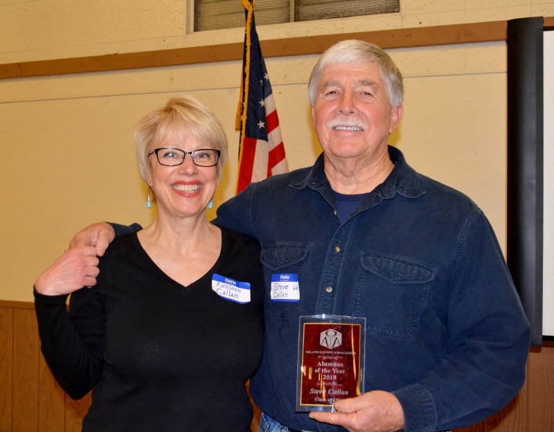 Kathy Callan and author Steven T. Callan with his "Alumnus of the Year" award at the Orland Alumni Association Awards Dinner.