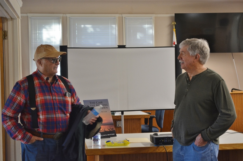 The first visitor arrives at the Orland Carnegie Community Center to listen to author Steven T. Callan speak about his new book, The Case of the Missing Game Warden.