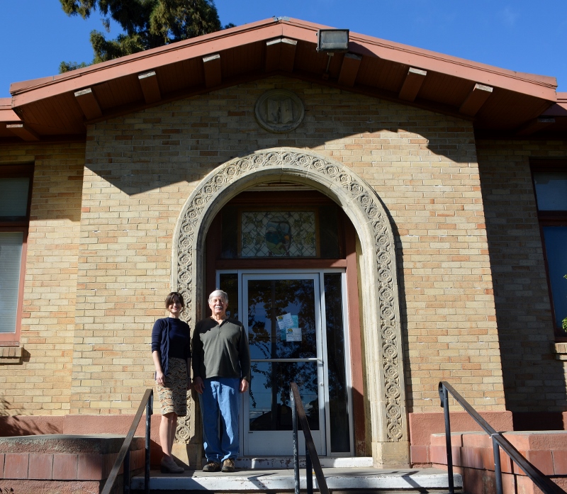 Orland Free Library director Jody Halsey Meza and author Steven T. Callan outside the Orland Carnegie Community Center.