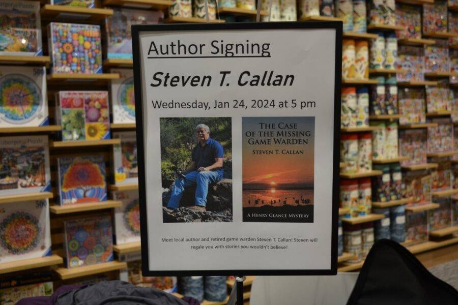 Sign announcing Author Steven T. Callan's book signing during the grand opening of the Redding Barnes and Noble, January 24, 2024.